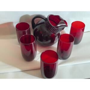 Vintage Anchor Hocking Royal Ruby Red Pitcher Set with Cups